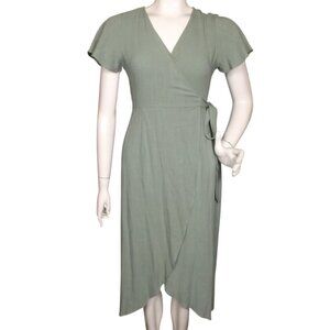 PETAL & PUP Dress, 2, Green Linen, Wrap, strappy, Asym Hem, Short sleeves